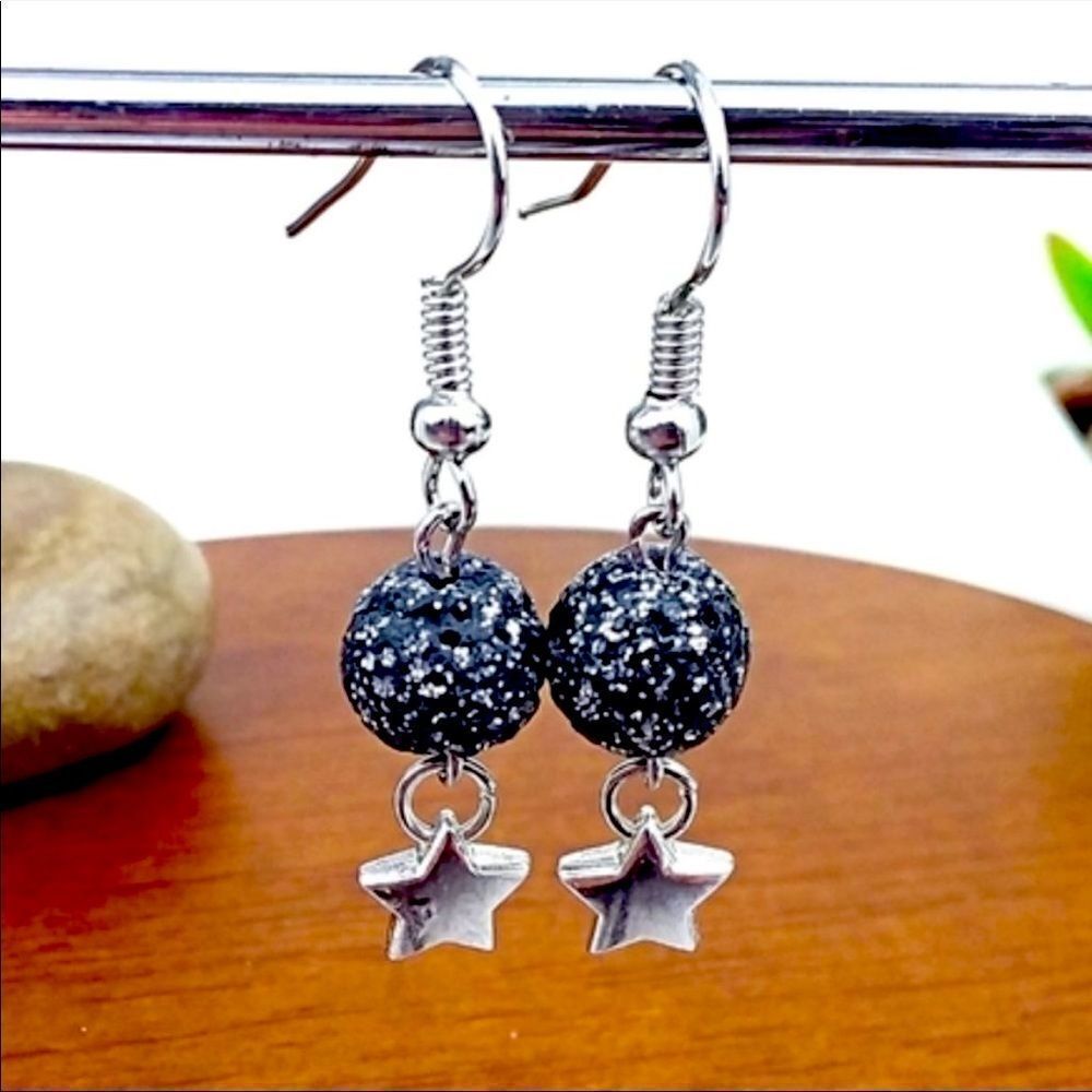 Silver Star Drop Earrings with Black Glitter Beads